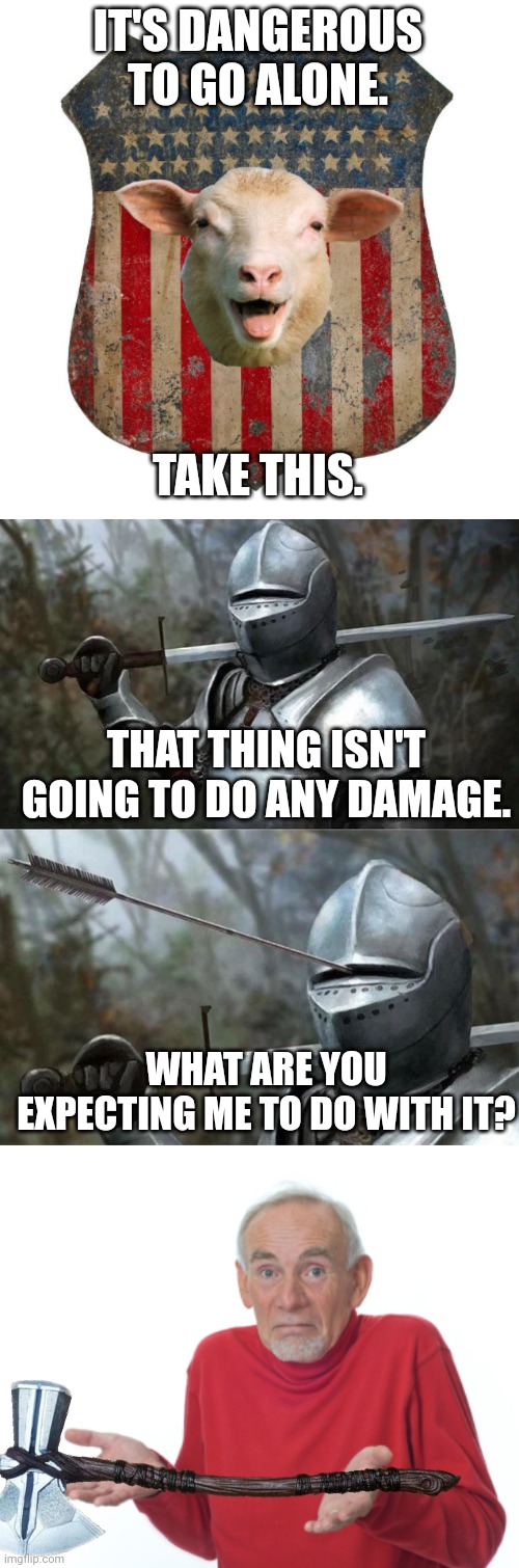 Image tagged in sheep on american shield,armor eye slit,guess i'll die
