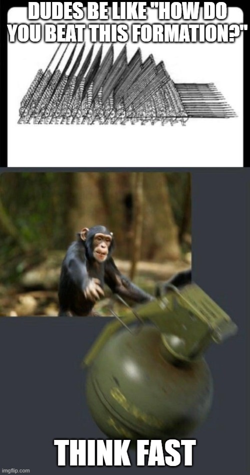 Y E E T | DUDES BE LIKE "HOW DO YOU BEAT THIS FORMATION?"; THINK FAST | image tagged in perfect macedonian phalanx,monkey throwing grenade,yeet,grenade,kaboom,oh wow are you actually reading these tags | made w/ Imgflip meme maker