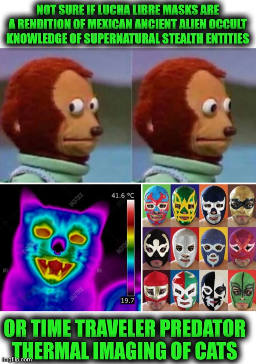 Funny | NOT SURE IF LUCHA LIBRE MASKS ARE A RENDITION OF MEXICAN ANCIENT ALIEN OCCULT KNOWLEDGE OF SUPERNATURAL STEALTH ENTITIES; OR TIME TRAVELER PREDATOR THERMAL IMAGING OF CATS | image tagged in funny,predator,ancient aliens,cats,mexicans,wrestling | made w/ Imgflip meme maker