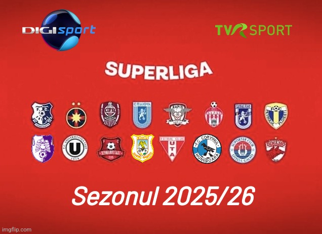 Prima mea predictie: 16 echipe din SuperLiga Romaniei 2025/26 | Sezonul 2025/26 | image tagged in superliga,fcsb,corvinul,cfr cluj,craiova,fotbal | made w/ Imgflip meme maker