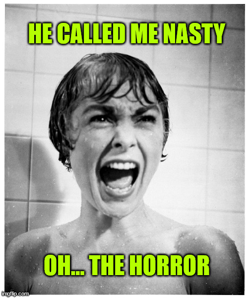Psycho Shower | HE CALLED ME NASTY OH... THE HORROR | image tagged in psycho shower | made w/ Imgflip meme maker