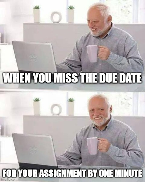 Hide the Pain Harold | WHEN YOU MISS THE DUE DATE; FOR YOUR ASSIGNMENT BY ONE MINUTE | image tagged in memes,hide the pain harold | made w/ Imgflip meme maker