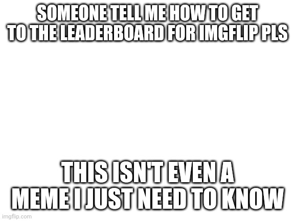 Blank White Template | SOMEONE TELL ME HOW TO GET TO THE LEADERBOARD FOR IMGFLIP PLS; THIS ISN'T EVEN A MEME I JUST NEED TO KNOW | image tagged in blank white template | made w/ Imgflip meme maker