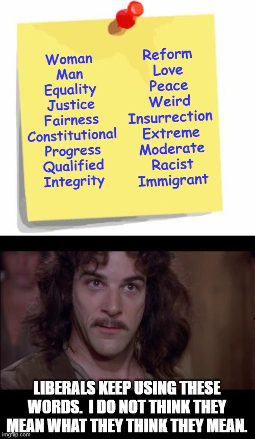 Reform
Love
Peace
Weird
Insurrection
Extreme
Moderate
Racist
Immigrant; Woman
Man
Equality
Justice
Fairness
Constitutional
Progress
Qualified
Integrity; LIBERALS KEEP USING THESE WORDS.  I DO NOT THINK THEY MEAN WHAT THEY THINK THEY MEAN. | image tagged in post it note,meme doesn't mean what you think it memes | made w/ Imgflip meme maker