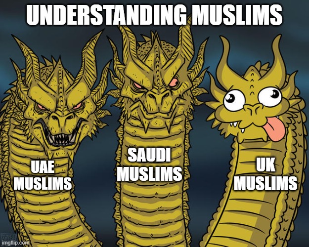 Uk Islam | UNDERSTANDING MUSLIMS; SAUDI MUSLIMS; UK MUSLIMS; UAE MUSLIMS | image tagged in three-headed dragon | made w/ Imgflip meme maker