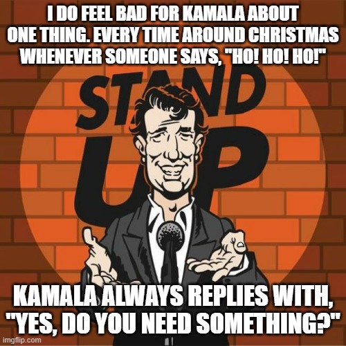 Some times I think Kamala makes it TOO easy. . .then again 'Easy' seems to be her middle name. | I DO FEEL BAD FOR KAMALA ABOUT ONE THING. EVERY TIME AROUND CHRISTMAS WHENEVER SOMEONE SAYS, "HO! HO! HO!"; KAMALA ALWAYS REPLIES WITH, "YES, DO YOU NEED SOMETHING?" | image tagged in stand up comedian,kamala harris,politics,political humor | made w/ Imgflip meme maker