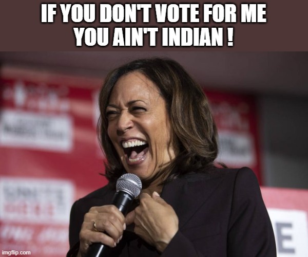 If you don't vote for Kamala | IF YOU DON'T VOTE FOR ME
YOU AIN'T INDIAN ! | image tagged in kamala laughing | made w/ Imgflip meme maker