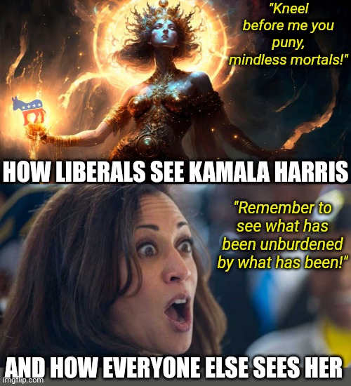 Sorry liberals, your word salad spewing, former mistress, DEI hire VP is still an idiot. She is far from presidential timber! | "Kneel before me you puny, mindless mortals!"; HOW LIBERALS SEE KAMALA HARRIS; "Remember to see what has been unburdened by what has been!"; AND HOW EVERYONE ELSE SEES HER | image tagged in kamala harriss,liberal logic,crying democrats,lying,misinformation,stupid people | made w/ Imgflip meme maker