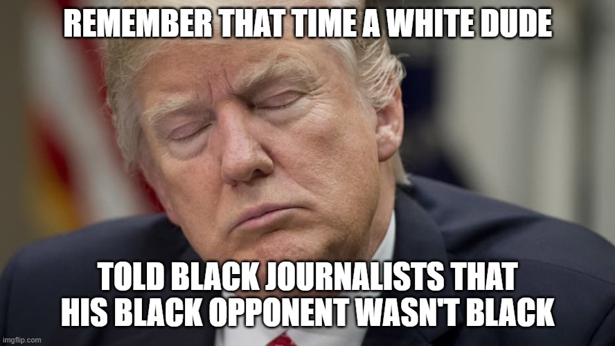 Trump Is Weird | REMEMBER THAT TIME A WHITE DUDE; TOLD BLACK JOURNALISTS THAT HIS BLACK OPPONENT WASN'T BLACK | image tagged in trump asleep eyes closed old man's nap time | made w/ Imgflip meme maker