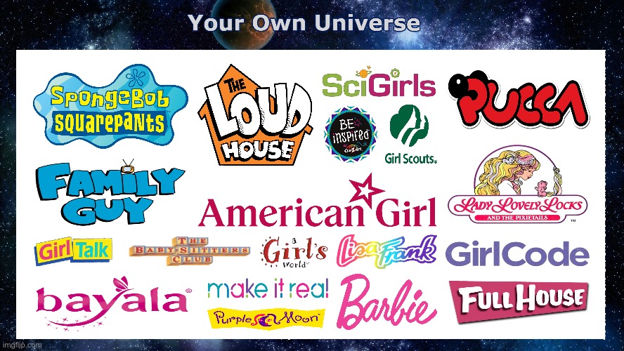 My (Brandon's) Own Universe | image tagged in family guy,the loud house,spongebob squarepants,barbie,full house,girl | made w/ Imgflip meme maker