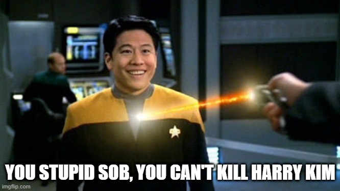 Kimvincible | YOU STUPID SOB, YOU CAN'T KILL HARRY KIM | image tagged in star trek ensign kim gets shot with a phaser | made w/ Imgflip meme maker