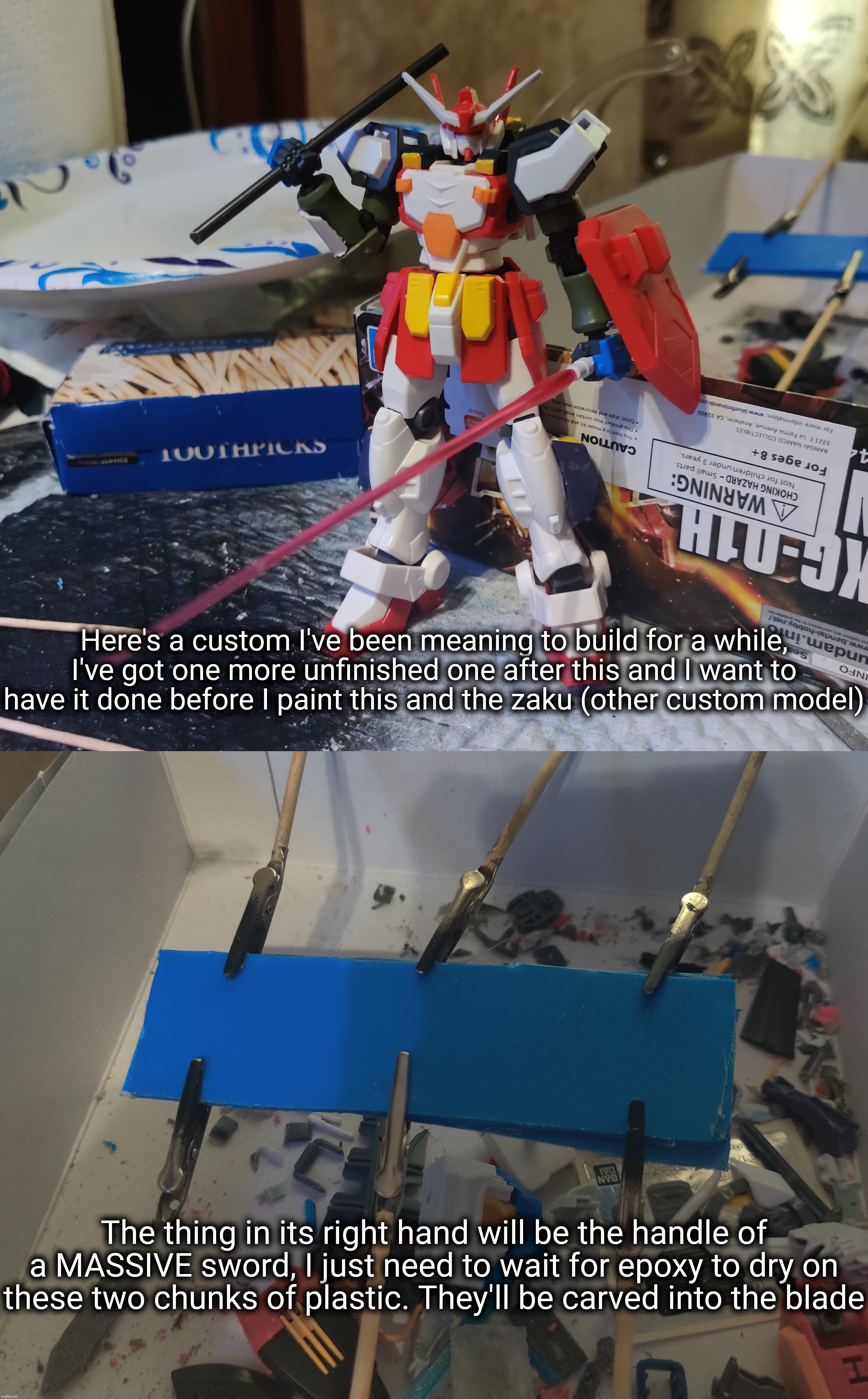 Gundam HeavyBlade | Here's a custom I've been meaning to build for a while, I've got one more unfinished one after this and I want to have it done before I paint this and the zaku (other custom model); The thing in its right hand will be the handle of a MASSIVE sword, I just need to wait for epoxy to dry on these two chunks of plastic. They'll be carved into the blade | made w/ Imgflip meme maker