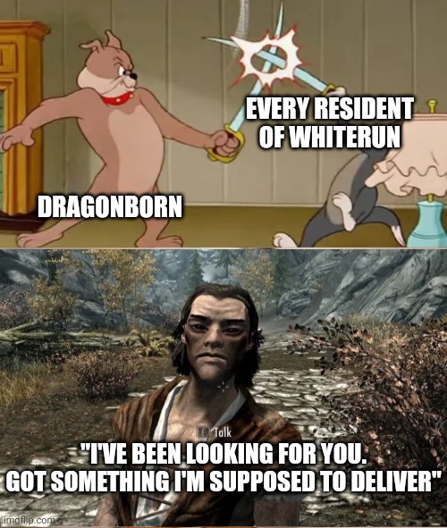 I've been looking for you. | EVERY RESIDENT OF WHITERUN; DRAGONBORN; "I'VE BEEN LOOKING FOR YOU. GOT SOMETHING I'M SUPPOSED TO DELIVER" | image tagged in tom and spike fighting | made w/ Imgflip meme maker