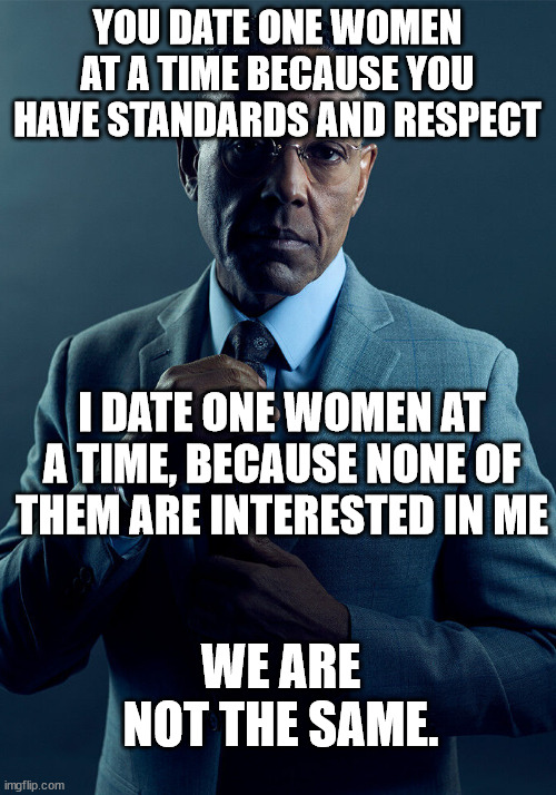 Gus Fring we are not the same | YOU DATE ONE WOMEN AT A TIME BECAUSE YOU HAVE STANDARDS AND RESPECT; I DATE ONE WOMEN AT A TIME, BECAUSE NONE OF THEM ARE INTERESTED IN ME; WE ARE NOT THE SAME. | image tagged in gus fring we are not the same | made w/ Imgflip meme maker