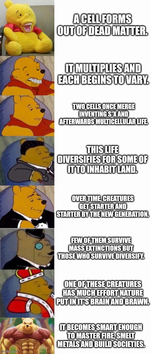 Evolution... | A CELL FORMS OUT OF DEAD MATTER. IT MULTIPLIES AND EACH BEGINS TO VARY. TWO CELLS ONCE MERGE INVENTING S*X AND AFTERWARDS MULTICELLULAR LIFE. THIS LIFE DIVERSIFIES FOR SOME OF IT TO INHABIT LAND. OVER TIME, CREATURES GET STARTER AND STARTER BY THE NEW GENERATION. FEW OF THEM SURVIVE MASS EXTINCTIONS BUT THOSE WHO SURVIVE DIVERSIFY. ONE OF THESE CREATURES HAS MUCH EFFORT NATURE PUT IN IT'S BRAIN AND BRAWN. IT BECOMES SMART ENOUGH TO MASTER FIRE, SMELT METALS AND BUILD SOCIETIES. | image tagged in 8-panel winnie the pooh meme,evolution,cell,creatures,tribe | made w/ Imgflip meme maker