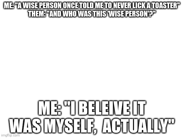 Wiseperson | ME: "A WISE PERSON ONCE TOLD ME TO NEVER LICK A TOASTER"

THEM: "AND WHO WAS THIS 'WISE PERSON'?"; ME: "I BELEIVE IT WAS MYSELF,  ACTUALLY" | image tagged in dumb meme week | made w/ Imgflip meme maker