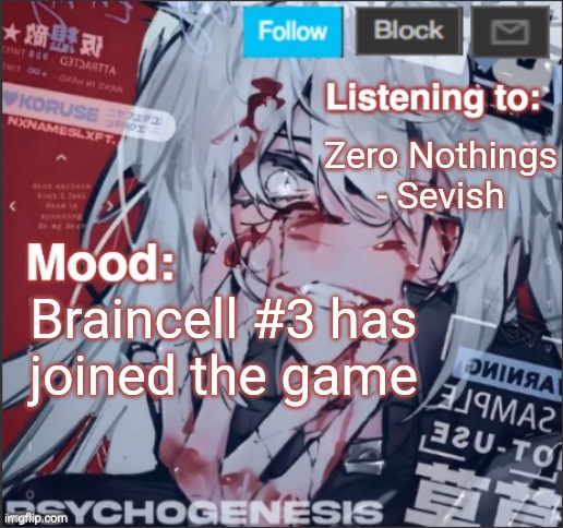 LISTEN TO SEVISH ITS SO GOOD | Zero Nothings - Sevish; Braincell #3 has
joined the game | image tagged in penguinz0 announcement template again | made w/ Imgflip meme maker