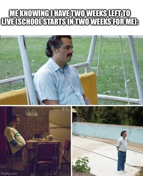 Sad Pablo Escobar | ME KNOWING I HAVE TWO WEEKS LEFT TO LIVE (SCHOOL STARTS IN TWO WEEKS FOR ME): | image tagged in memes,sad pablo escobar | made w/ Imgflip meme maker