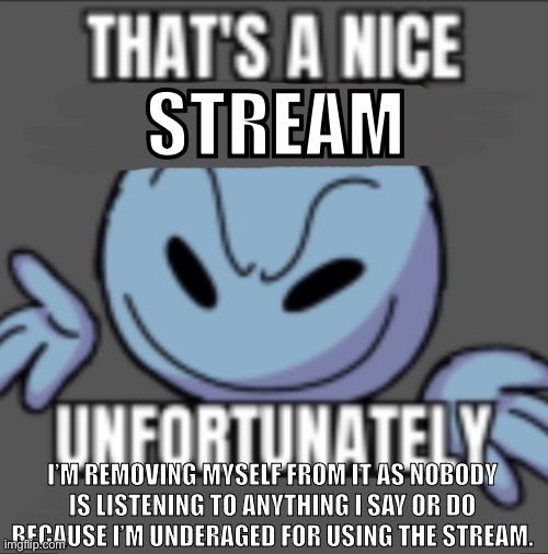 Adios | STREAM; I’M REMOVING MYSELF FROM IT AS NOBODY IS LISTENING TO ANYTHING I SAY OR DO BECAUSE I’M UNDERAGED FOR USING THE STREAM. | image tagged in that s a nick blank | made w/ Imgflip meme maker