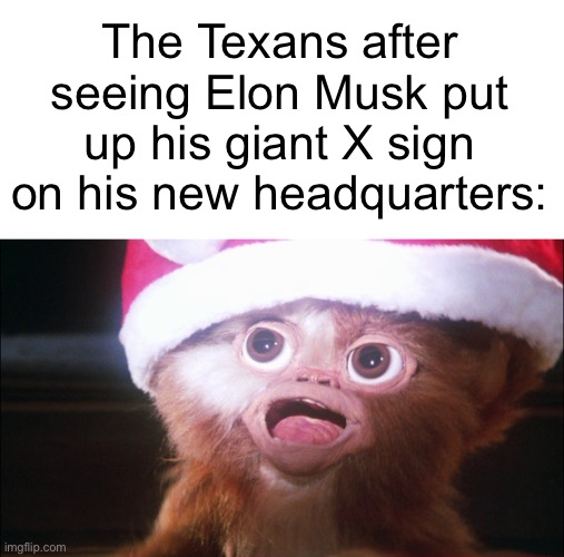 For those who don’t know, he moved the headquarters to Texas. | The Texans after seeing Elon Musk put up his giant X sign on his new headquarters: | image tagged in mogwai bright lights,twitter x,x,twitter,elon musk,texas | made w/ Imgflip meme maker