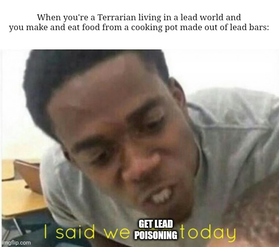 Terraria, but it's Flint Michigan | When you're a Terrarian living in a lead world and you make and eat food from a cooking pot made out of lead bars:; GET LEAD
POISONING | image tagged in i said we ____ today,terraria,video games,funny,memes | made w/ Imgflip meme maker