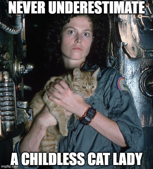 Never underestimate a childless cat lady - Ripley and Jonesy Alien | NEVER UNDERESTIMATE; A CHILDLESS CAT LADY | image tagged in ripley and jonesy,alien,funny,humor,reaction,resilience | made w/ Imgflip meme maker