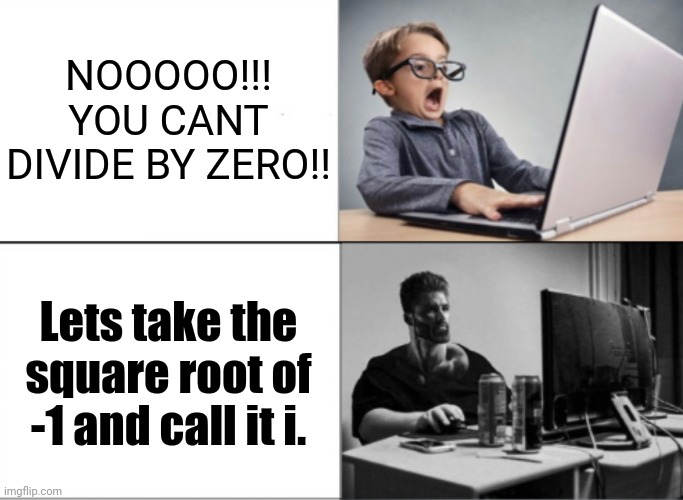 Nerd vs chad | NOOOOO!!! YOU CANT DIVIDE BY ZERO!! Lets take the square root of -1 and call it i. | image tagged in nerd vs chad | made w/ Imgflip meme maker