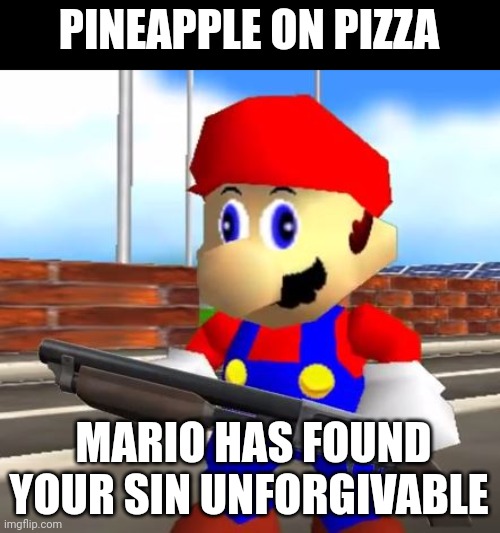 SMG4 Shotgun Mario | PINEAPPLE ON PIZZA; MARIO HAS FOUND YOUR SIN UNFORGIVABLE | image tagged in smg4 shotgun mario | made w/ Imgflip meme maker