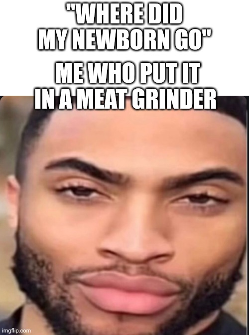 Lightskin stare | "WHERE DID MY NEWBORN GO"; ME WHO PUT IT IN A MEAT GRINDER | image tagged in lightskin stare | made w/ Imgflip meme maker