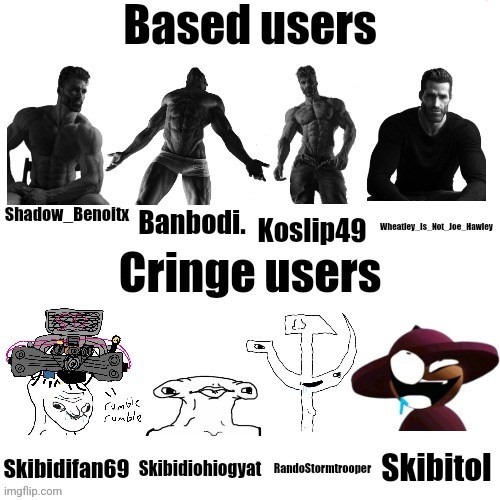 Based Users VS Cringe Users (BenoitX style) | Shadow_Benoitx Banbodi. Koslip49 Wheatley_Is_Not_Joe_Hawley Skibidifan69 Skibidiohiogyat RandoStormtrooper Skibitol | image tagged in based users vs cringe users shadow_benoitx style | made w/ Imgflip meme maker