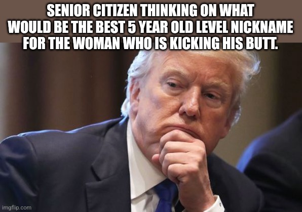 Baby Oldnald | SENIOR CITIZEN THINKING ON WHAT WOULD BE THE BEST 5 YEAR OLD LEVEL NICKNAME FOR THE WOMAN WHO IS KICKING HIS BUTT. | image tagged in conservatives,donald trump,trump,kamala harris,nevertrump,maga | made w/ Imgflip meme maker