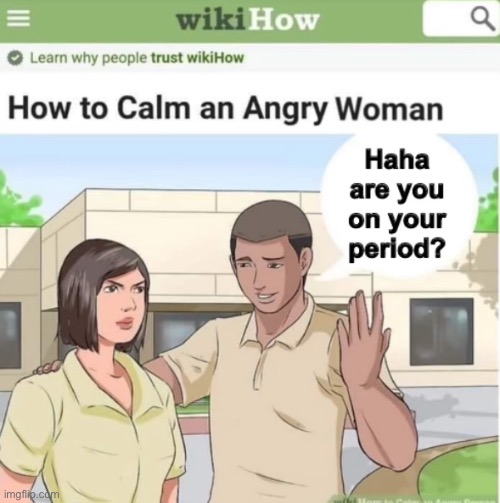 Yeah, that’ll do it | image tagged in women,angry woman,wikihow,period,men | made w/ Imgflip meme maker