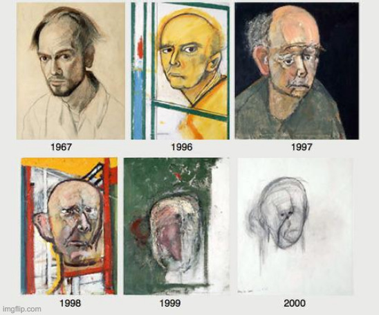 William Utermohlen after being diagnosed with alzhiemers made a self potrait every year till he couldnt draw | made w/ Imgflip meme maker
