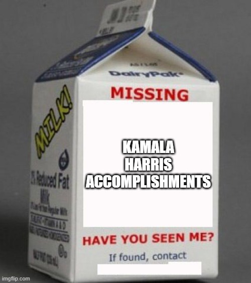 Milk carton | KAMALA HARRIS ACCOMPLISHMENTS | image tagged in milk carton | made w/ Imgflip meme maker