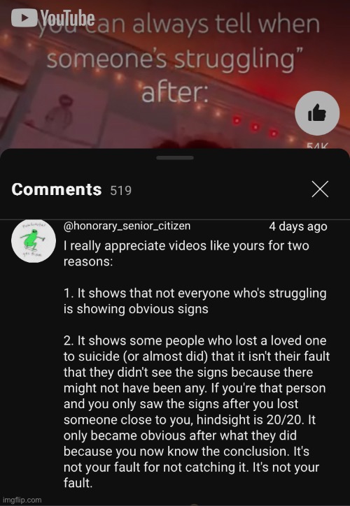 (Tw: suicide mentions) found this pretty wholesome comment under a video. <3 | made w/ Imgflip meme maker