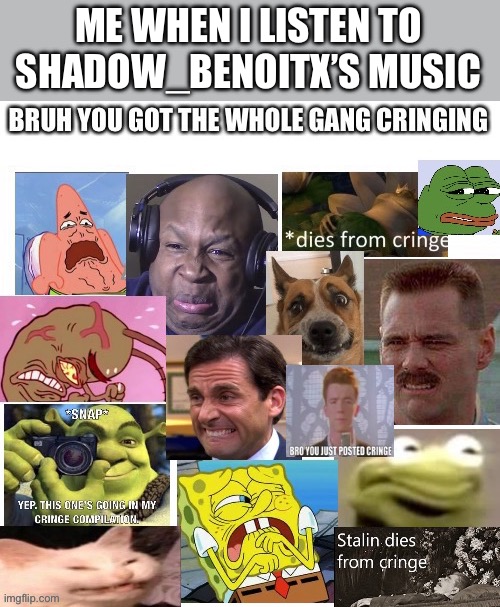 Ik I forgot the colon and don’t attack me for my opinion | ME WHEN I LISTEN TO SHADOW_BENOITX’S MUSIC | image tagged in the gang cringes | made w/ Imgflip meme maker