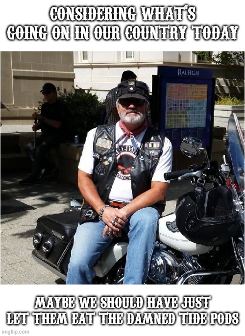 Biker | CONSIDERING WHAT'S GOING ON IN OUR COUNTRY TODAY; MAYBE WE SHOULD HAVE JUST LET THEM EAT THE DAMNED TIDE PODS | image tagged in tide pods | made w/ Imgflip meme maker