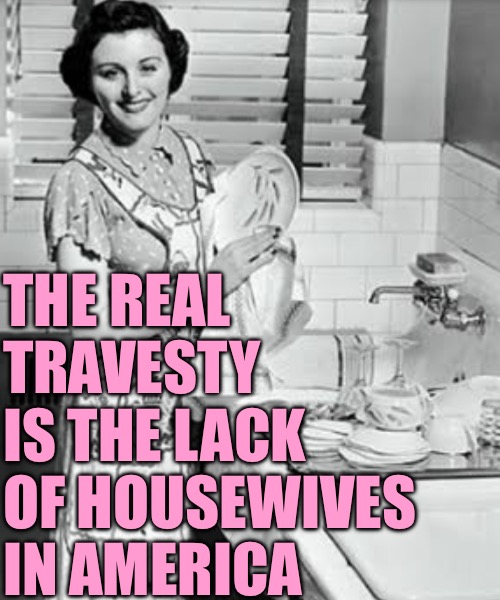 washing dishes | THE REAL TRAVESTY IS THE LACK OF HOUSEWIVES IN AMERICA | image tagged in washing dishes | made w/ Imgflip meme maker