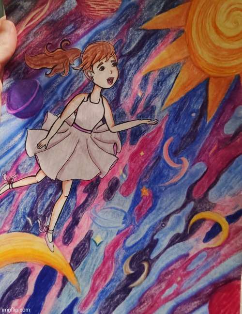 Dancer girl in outer space drawing | image tagged in drawing,art,fantasy,childhood,space,surreal | made w/ Imgflip meme maker