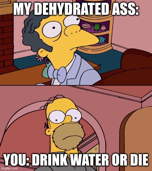 MY DEHYDRATED ASS: YOU: DRINK WATER OR DIE | image tagged in homer and moe | made w/ Imgflip meme maker