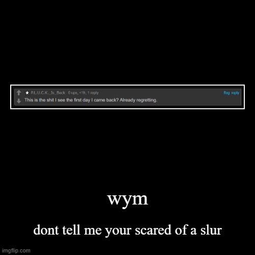 wym | dont tell me your scared of a slur | image tagged in funny,demotivationals | made w/ Imgflip demotivational maker