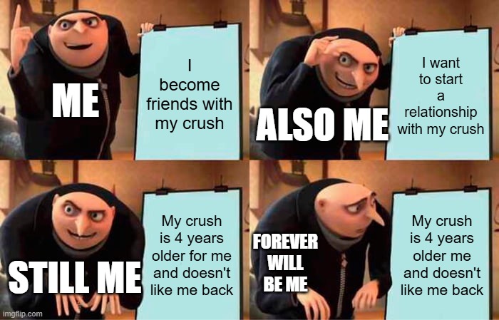 My crush has no idea I have a crush on him. And I get depressed when I think about our age difference... | I become friends with my crush; I want to start a relationship with my crush; ME; ALSO ME; My crush is 4 years older for me and doesn't like me back; My crush is 4 years older me and doesn't like me back; FOREVER WILL BE ME; STILL ME | image tagged in memes,gru's plan,funny,crush | made w/ Imgflip meme maker