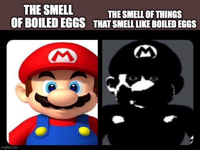 ee0jkivn[o[i9q | THE SMELL OF THINGS THAT SMELL LIKE BOILED EGGS; THE SMELL OF BOILED EGGS | image tagged in mario v s dark mario | made w/ Imgflip meme maker