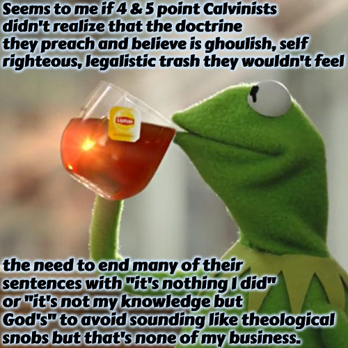 Theological Snobs | Seems to me if 4 & 5 point Calvinists didn't realize that the doctrine they preach and believe is ghoulish, self righteous, legalistic trash they wouldn't feel; the need to end many of their sentences with "it's nothing I did" or "it's not my knowledge but God's" to avoid sounding like theological snobs but that's none of my business. | image tagged in memes,but that's none of my business,r/dankchristianmemes,calvinism,arminian,smug | made w/ Imgflip meme maker