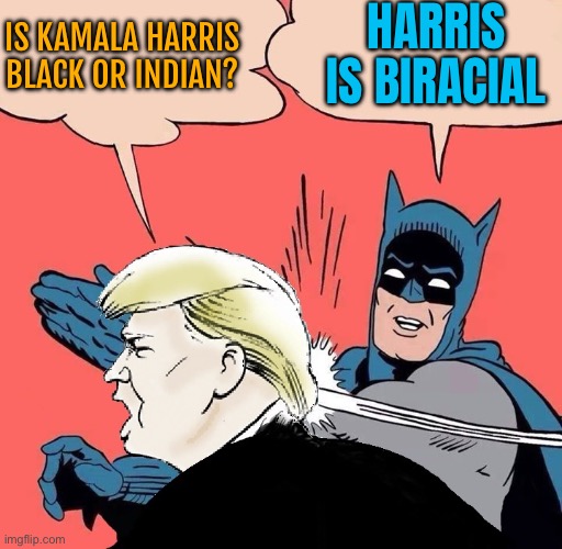 Kamala Harris Is Both Black And South Asian American | IS KAMALA HARRIS
BLACK OR INDIAN? HARRIS IS BIRACIAL | image tagged in batman slapping trump with trump speech balloon,kamala harris,donald trump,racism,breaking news,scumbag america | made w/ Imgflip meme maker