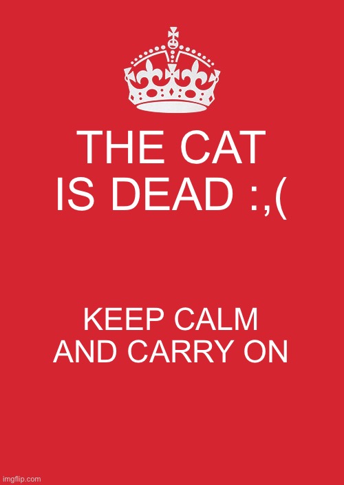 Keep Calm And Carry On Red | THE CAT IS DEAD :,(; KEEP CALM AND CARRY ON | image tagged in memes,keep calm and carry on red | made w/ Imgflip meme maker