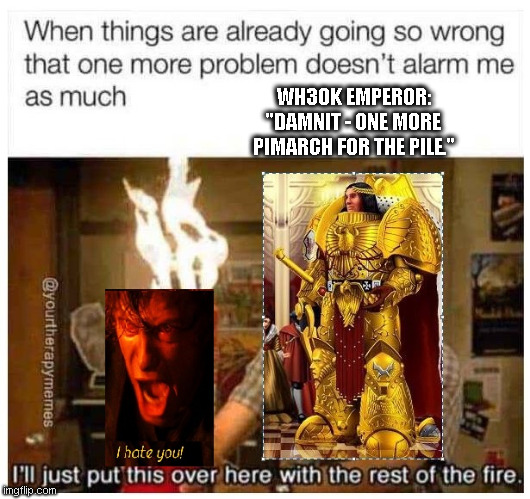 WH30k Emperor's Flaming Primarchs | WH30K EMPEROR: "DAMNIT - ONE MORE PIMARCH FOR THE PILE." | image tagged in wh40k,starwars,warhammer,starring the emperor of mankind by georgy stacker | made w/ Imgflip meme maker