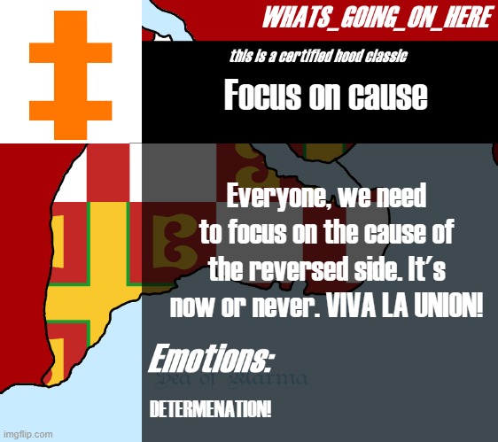 FOCUS ON REVERSED SIDE'S CAUSE! | Focus on cause; Everyone, we need to focus on the cause of the reversed side. It's now or never. VIVA LA UNION! DETERMENATION! | image tagged in whats_going_on_here's announcement | made w/ Imgflip meme maker