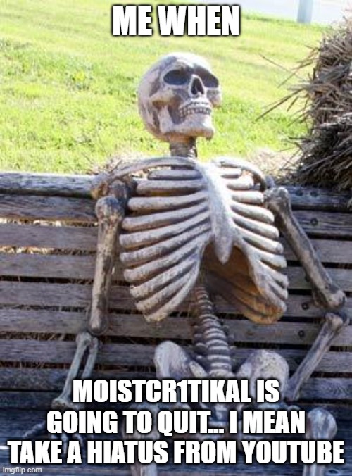 WE'LL MISS YOU CR1T1KAL | ME WHEN; MOISTCR1TIKAL IS GOING TO QUIT... I MEAN TAKE A HIATUS FROM YOUTUBE | image tagged in memes,waiting skeleton,moist,moist critikal screaming,youtube,youtuber | made w/ Imgflip meme maker