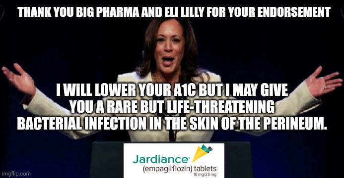 Big Pharma's Endorsement Of Cumala Harris Comes With A Major Warning | THANK YOU BIG PHARMA AND ELI LILLY FOR YOUR ENDORSEMENT; I WILL LOWER YOUR A1C BUT I MAY GIVE YOU A RARE BUT LIFE-THREATENING BACTERIAL INFECTION IN THE SKIN OF THE PERINEUM. | image tagged in big pharma,political memes,presidential election,kamala harris,side effects,warning sign | made w/ Imgflip meme maker